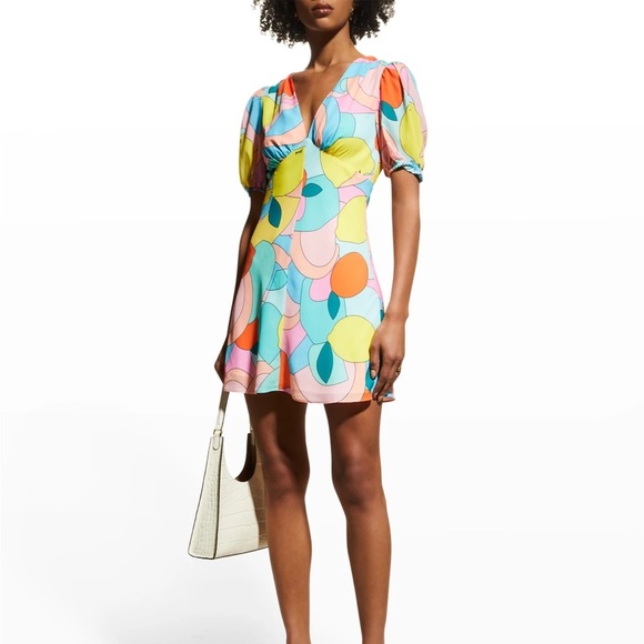 Staud Mini Milla Dress in Citrus Kaleidoscope Multicolor Puff Sleeve in Size 0 - Picture 4 of 16
